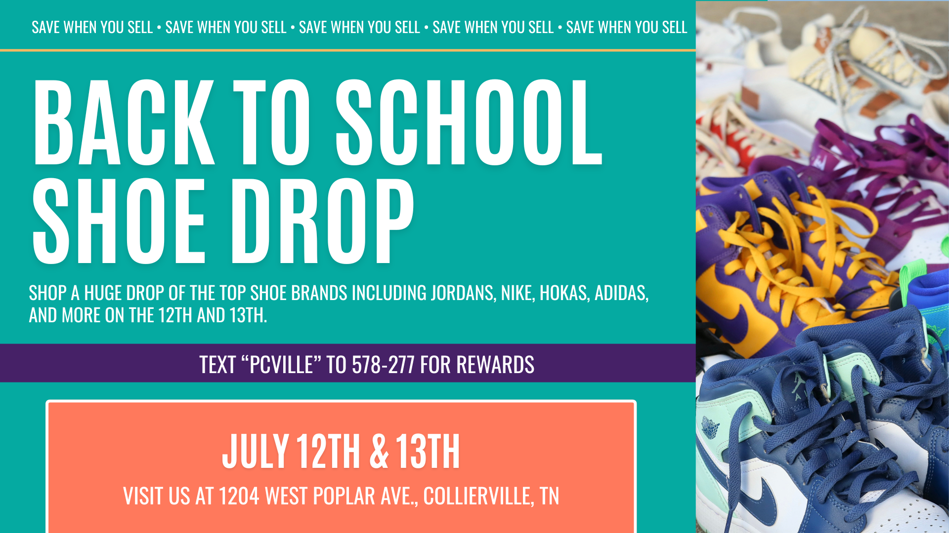 Sneaker wall at Plato’s Closet Collierville featuring name-brand shoes like Jordans, Nike, On Cloud, UGG, Vans, and Adidas, with promotional signage for the Back to School Shoe Drop event on July 12–13 offering up to 70% off retail prices.